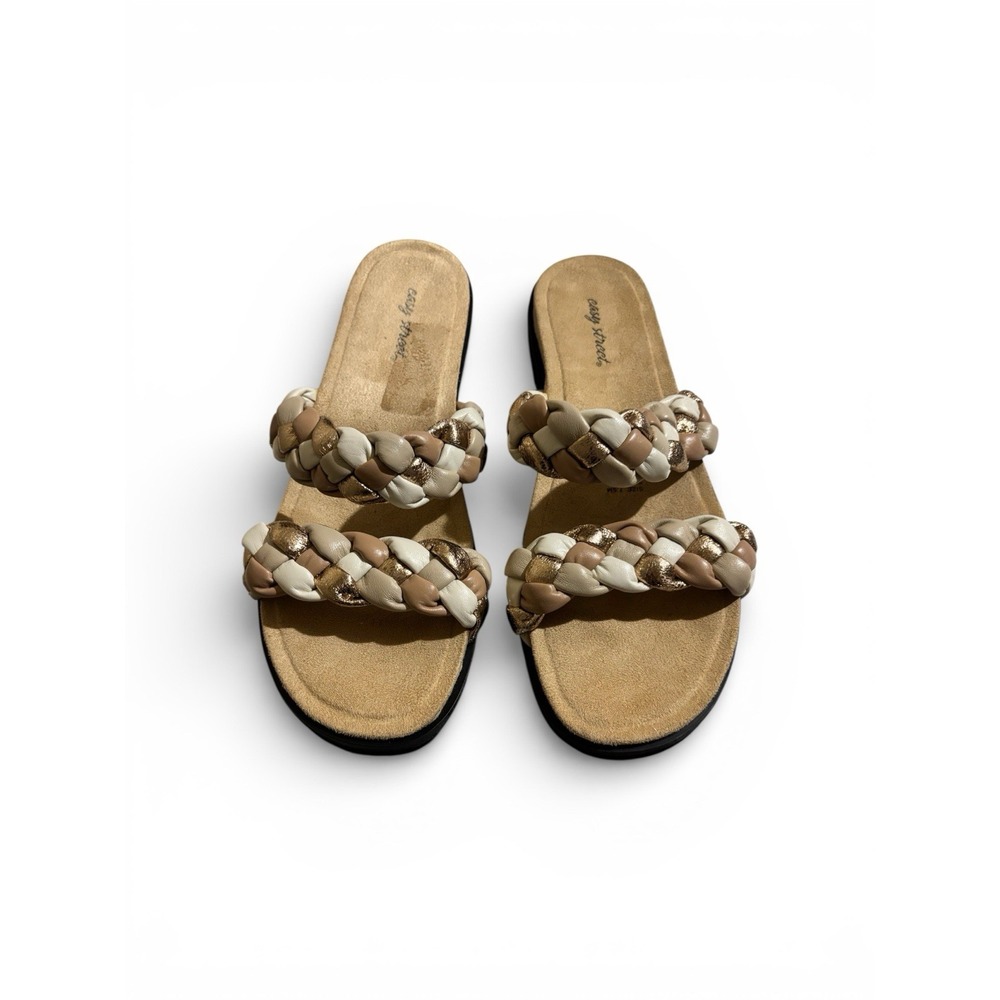Easy Street Womens Braided Double Strap Slide Sandals Gold Beige Cream Size 7.5M